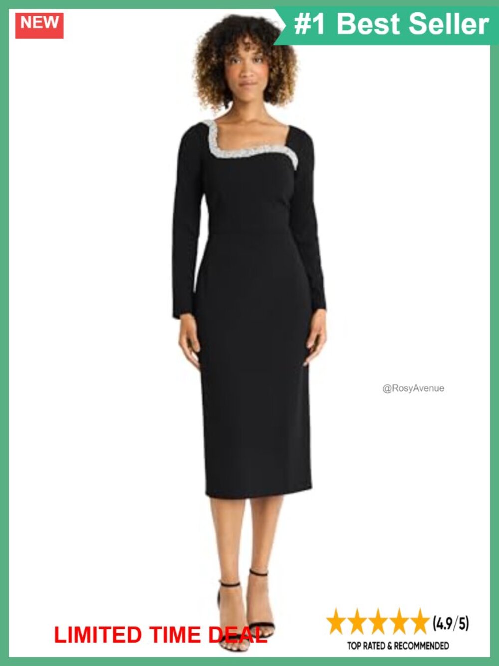 One-Shoulder Midi Dress Square Neck Long Sleeve Sheath Cocktail